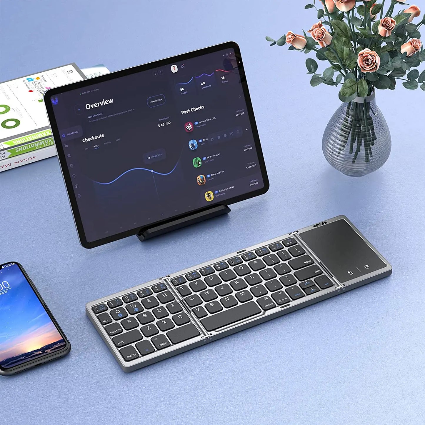 PU- leather- backing-
dual-device- connection-
63-key- layout- design-
low-profile- keycaps